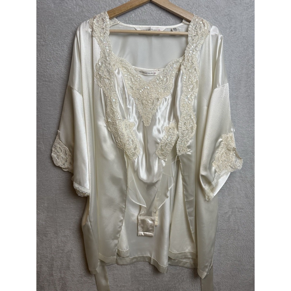 Vintage Victoria's Secret Bridal Lingerie Set Satin Lace Sequin Bodysuit Robe M